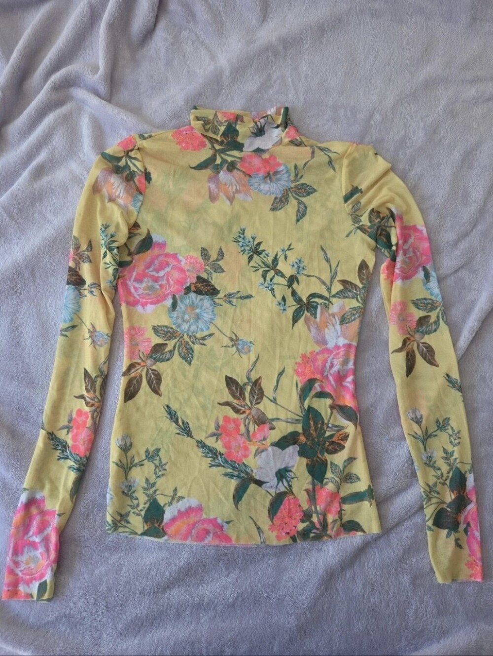 AFRM Zadie Power Mesh Mock Neck Top Yellow Floral Long Sleeve Small S/P
